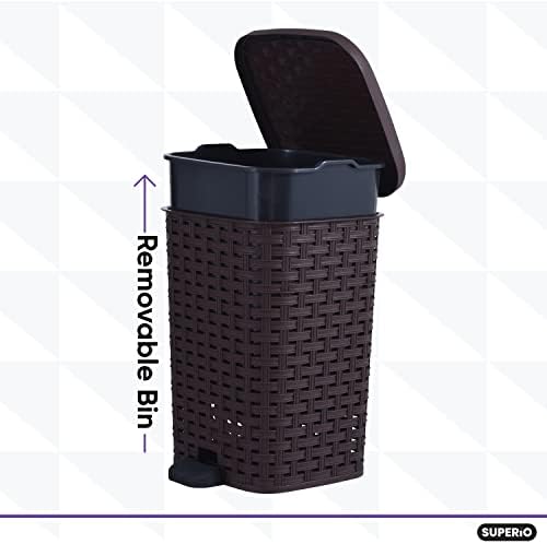 Superio Mini Trash Can with Foot Pedal Small Outdoor Garbage Can with Lid, 1.5 Gallon Plastic Waste Basket for Bathroom, Bedroom, Kitchen, Office, Patio (Wicker Brown 6 QT.), 3 Pack