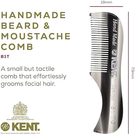 Kent A 81T Graphite X-Small Gentleman's Beard and Mustache Pocket Comb, Fine Toothed Pocket Size for Facial Hair Grooming and Styling. Saw-cut of Cellulose Acetate, Hand Polished. Hand-Made in England