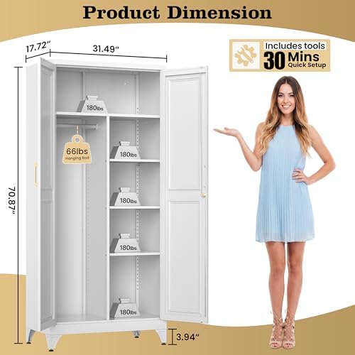 71" White Metal Wardrobe Closet with Lock, Tall Storage Cabinet with Hanging Rod & 3 Adjustable Shelves, Heavy Duty Steel Armoire for Bedroom, Laundry, Home Office, Minimalist Design