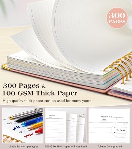 Spiral Notebook Journal with Removable Dividers Tabs, 300 Pages Hardcover Leather 5 Subject College Ruled Notebook, 8"x10" Large B5 Lined Journal for Women Men, Spiral Notebooks for Work School, Pink