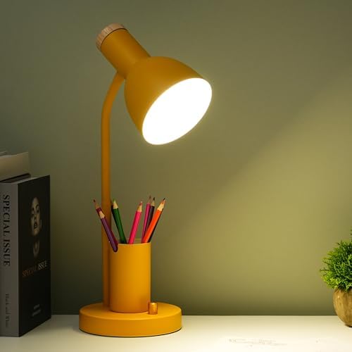 Desk Lamp with Pen Holder, Green, Wood Accent, Adjustable Gooseneck, Modern Study Light (Yellow)