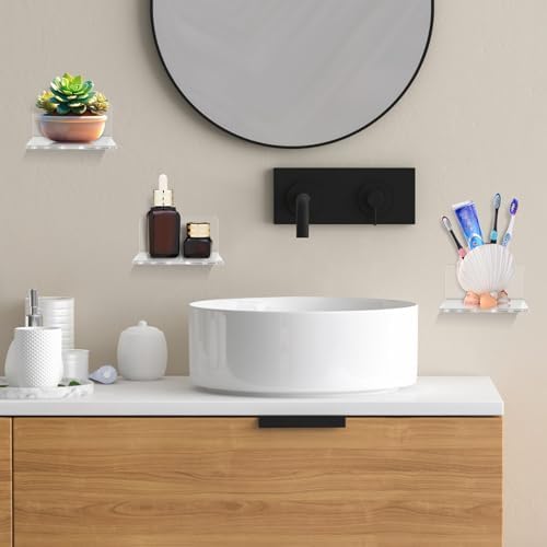 Acrylic Small Shelf,Mini Floating Wall Shelf,Wall Mounted Storage Shelf,for Pop Figures,Plant,Picture Photo Modern Wall for Office Bedroom Living Room,Clear