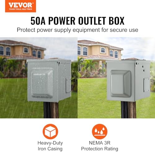 VEVOR 50 Amp RV Power Outlet Box, 125/250 Volt, Enclosed Lockable Outdoor RV Receptacle Box, NEMA 14-50R Weatherproof Electrical Panel, for RV Camper Trailer Motorhome Electric Car