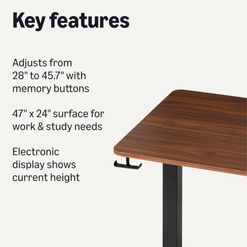 Amazon Basics Electric Standing Desk, Height Adjustable Home Office Desk with Memory Buttons and Electronic Display, 47" x 24", Black/Walnut Effect
