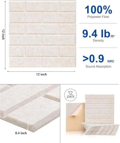Large Self-Adhesive Cork Board,Set of 12 Soundproof Wall Tiles,Felt Wall Cushion for Home,Studio,Recording Room,Office,Acoustic Treatment (White)