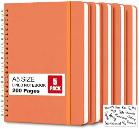 5 Pack Hardcover Spiral Notebooks, 8.3" x 6.3" Lined Journal Set, 100 GSM Bleed-Resistant Paper, 200 Pages Twin-Wire Bound Notebook with Elastic Band & Category Stickers for Office, School