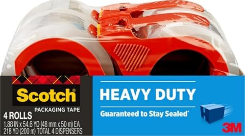 Scotch Heavy Duty Shipping Packing Tape, Clear, Shipping and Packaging Supplies, 1.88 in. x 54.6 yd., 4 Tape Rolls with 4 Dispensers