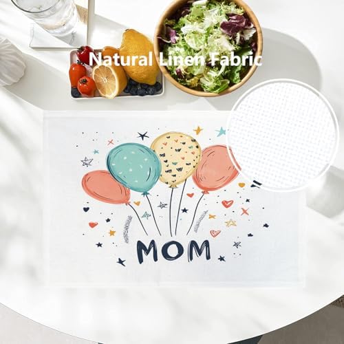 Batmerry Balloons Stars Mom Linen Placemats Set of 8, Happy Mother's Day Washable Table Mats for Kitchen Table Thickened Heat Insulation Dining Set Indoor Outdoor 12X18 in