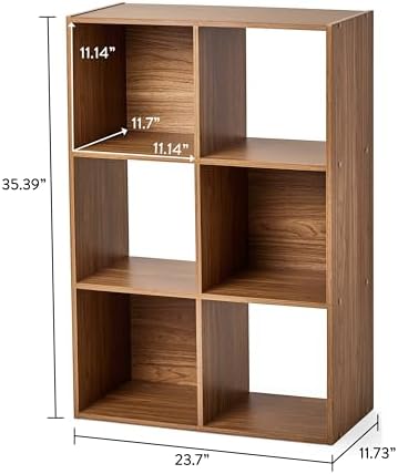 Warm Walnut 6-Cube Storage Organizer Bookcase, Vertical & Horizontal Freestanding Cube Shelving Unit, Open & Closed Back Cubby Compatible with Fabric Bins