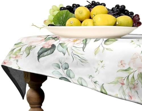 Pink Flowers Tablecloth, Watercolor Sage Green Eucalyptus Leaves Branches Floral Print Table Cloth for Picnic Party Dining Room Home Decor 55x55in