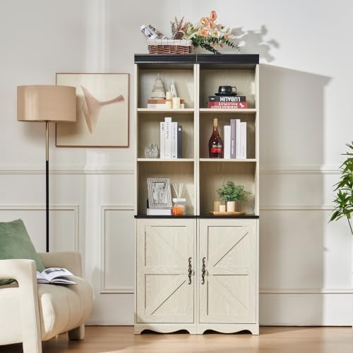 KEIKI Farmhouse Freestanding Bookcase, Modular Storage Cabinet, Wihte