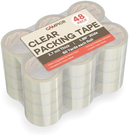Clear Packing Tape Heavy Duty 48 Rolls, 1.7mil Thickness, Strong Adhesive for Shipping, Moving & Packaging, 1.88" Wide x 60 Yards Per Roll, Smooth Unroll, Clear Finish, Fits Standard Dispensers