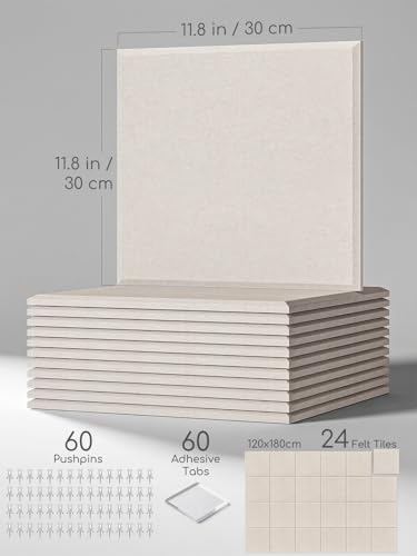 Thick Felt Pin Board Tiles 24 Pack, 11.8x11.8 Bulletin Board for Wall