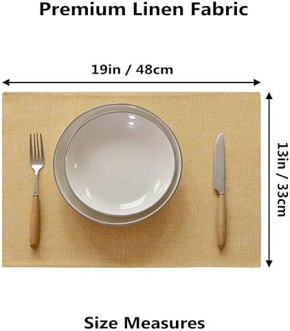 Demetex Yellow Placemats Set of 8 Linen Fabric Placemat Heat Resistant Washable Place Mats for Kitchen Party Dinner, 13x19 inch, Yellow