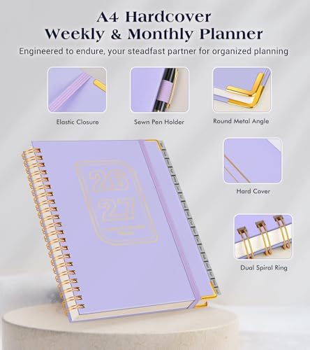 Academic Planner 2026-2027, Weekly and Monthly Hardcover Planner, July 2026 - June 2027, 8.5" x 11" A4 Large Daily Calendar Planner Book with Tabs, Spiral Yearly Agenda Organizer Notebook for School Work Home, Purple