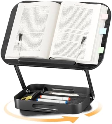 Adjustable Book Stand with Storage Drawer, 360° Rotating Book Holder, Height & Angle Adjustable, Extra-Wide Page Clips for Thick Books, Wood & Aluminum Book Stand for Desk, Study, Kitchen