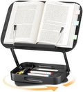 Adjustable Book Stand with Storage Drawer, 360° Rotating Book Holder, Height & Angle Adjustable, Extra-Wide Page Clips for Thick Books, Wood & Aluminum Book Stand for Desk, Study, Kitchen