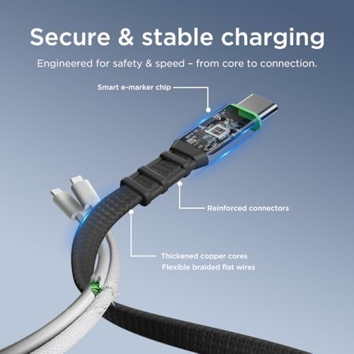 Lenovo 240W USB-C Retractable Cable, PD Fast Charging USB-C to USB-C, Smart Retractable Design, 1.2m (3.94 Ft), 480Mbps Data Transfer, Compact Portable Charger Cable for Laptop Tablet Phone, Black