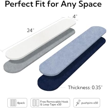 Olanglab Felt Bulletin Board Strips 4-Pack 24"x16" with 50 Pins, Misty Teal