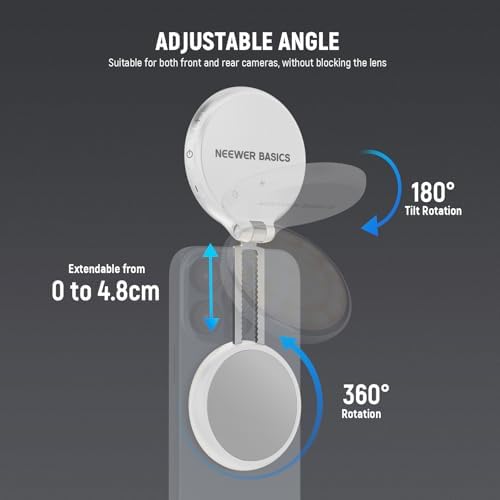 NEEWER Basics Magnetic LED Selfie Light Compatible with MagSafe iPhone, Desk Stand Phone Holder with Makeup Mirror 1160lx/0.2m 900mAh CRI95 Fill Lighting for Video Recording Streaming, White NL48R
