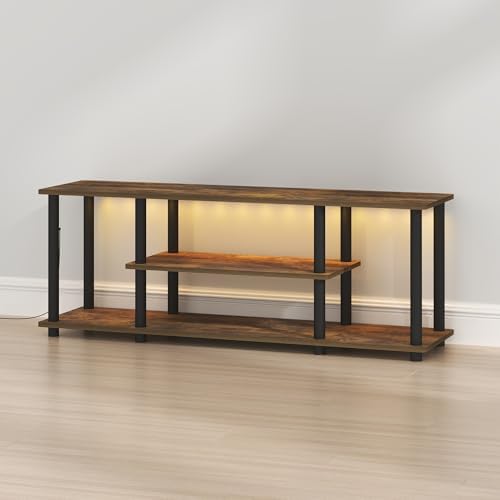 Furinno Turn-N-Tube 3-Tier No Tools TV Stand with LED Lights, Amber Pine | for TV up to 50 Inch, Open Frame Entertainment Center, TV Console for Living Room, Bedroom
