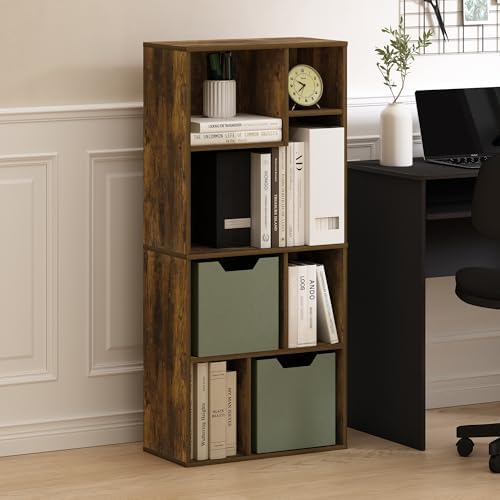 Furinno DALY Book Shelf, 7-Cube Bookshelf, Cube Storage Organizer Bookcase with Irregular Compartments, 9.4 x 18.9 x 42.1, for Living Room, Bedroom, Home Office, Amber Pine