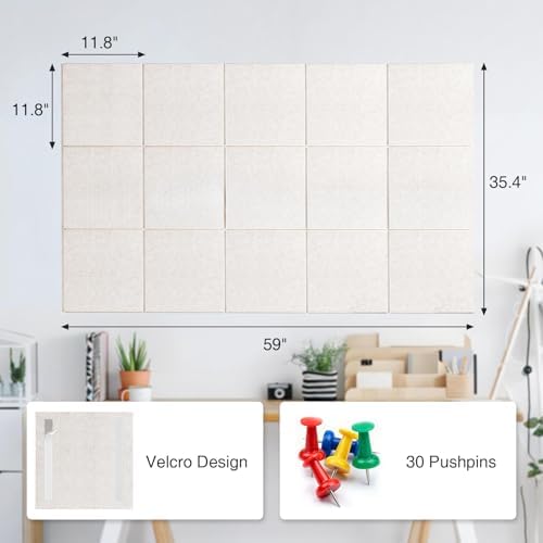 Garvee Self-Adhesive Large Felt Bulletin Board - 15-Pack Decorative Memo Pinboards with 30 Pushpins, Cork Board Alternative for Wall Display, Sound Dampening, for Office, Home, or School - Light Beige