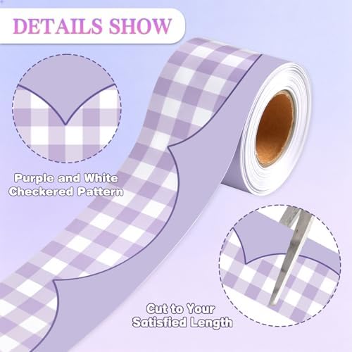 50ft Checkered Bulletin Board Borders, Checkerboard Straight Trim Border with Scalloped Edge Print, Classroom Decor for Chalkboard Whiteboard Back to School Supplies, Purple and White