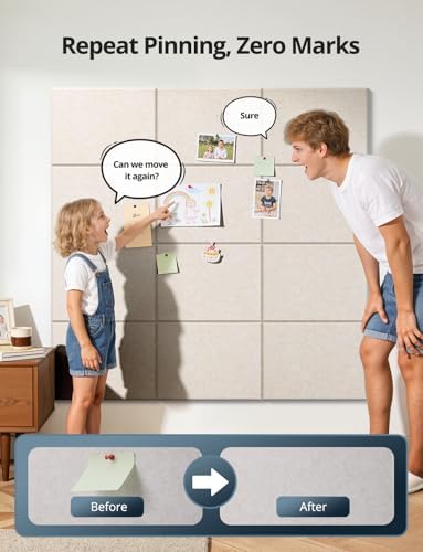 Kuchoow Large Felt Bulletin Cork Board Self-Adhesive Beige Pin Wall Tiles, 48'' x 36'' Rectangular Vision Tack Panels for Classroom Office Display 12 Pack Corkboard for Kitchen Bedroom Home Decor