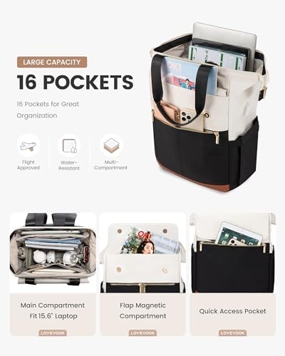 LOVEVOOK Laptop Backpack for Women, 15.6 Inch Work Laptop Bag with USB Port, Fashion Teacher Nurse Backpack Purse, Waterproof Travel Computer Backpack with Organizer Bag, 2PCS, Beige-Black