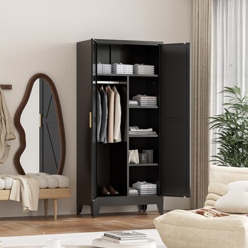 Washsemba 71'' Farmhouse Metal Wardrobe Cabinet with Hanging Rod, 2 Barn Door Wardrobe Closet with 5 Adjustable Shelves,Drawer,for Dining Room,Bedroom,Living Room, Cloak Room,Office (Black)