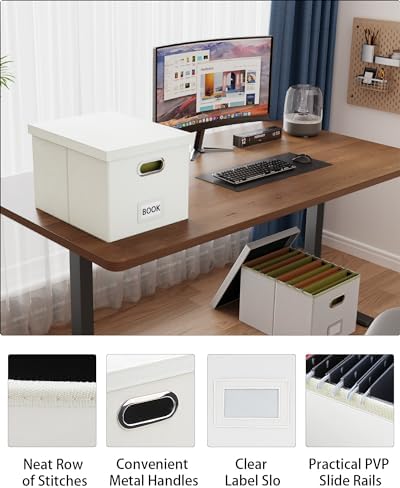 Oterri 2 Pack File Storage Organizer Box,Filing Box,Portable File Box with Lid,Fit for Letter/Legal File Folder Storage, White(Leather)-Box only