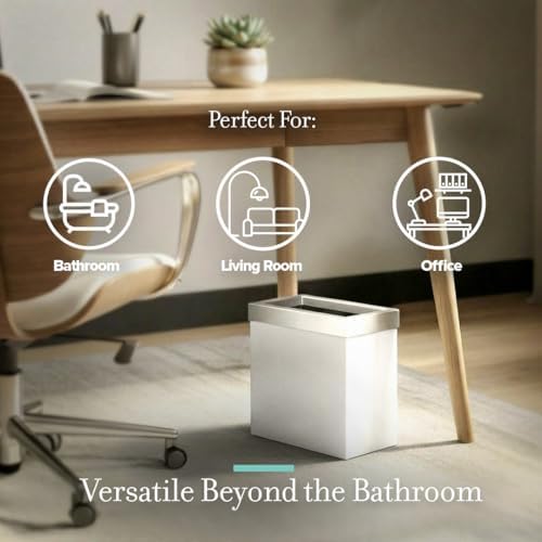 Gatco Small Bathroom Trash Can with Lid, Rectangle 3 Gallon Stainless Steel Wastebasket, Under Sink, Matte Pearl and Satin Nickel, for Bathroom, Bedroom, Office (1939SN)