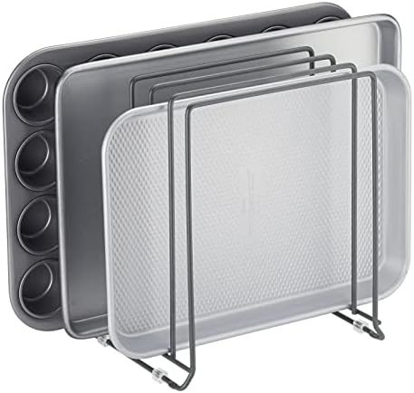 mDesign Pot Lid and Pan Rack — Metal Wire Rack for Cabinets, Pantries or Kitchen Surfaces — Freestanding Pan Stand with 5 Slots for Pans, Pots, Lids and Crockery — Dark Grey