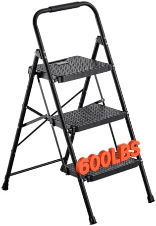 VEVOR 3 Step Ladder, Folding Step Stool with Wide Anti-Slip Pedal and Comfort Handgrip, Lightweight 600 lbs Capacity Portable Steel Ladder, Multi-Use for Kitchen, Home, Household and Office, Black