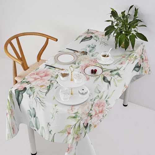 Pink Flowers Tablecloth, Watercolor Sage Green Eucalyptus Leaves Branches Floral Print Table Cloth for Picnic Party Dining Room Home Decor 55x55in