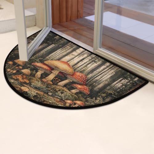 Mushrooms Forest Half Round Door Mat Non Slip Washable Semi Circle Area Rug Absorbent Soft Half Moon Rug Floor Mat for Indoor Outdoor Kitchen Bathroom Patio Front Door Mat Decor