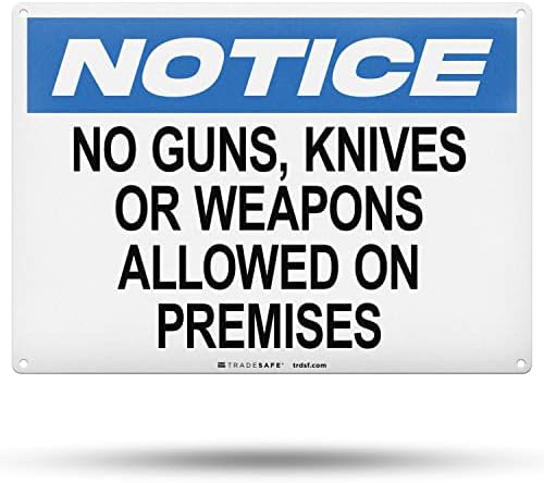 TRADESAFE No Gun, Knives or Weapons Allowed Sign, Quick Install Aluminum Safety Sign, Light Reflective, UV-Resistant, Waterproof, 14” X 10” No Weapons Allowed Sign for Business