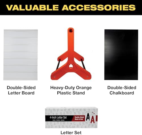 EXCELLO GLOBAL PRODUCTS Swinging Changeable Message Sidewalk Sign: 24" x 36" Sign with 792 Pre-Cut Double Sided Letters and Storage Box. Includes Black Board & Letter Board (Orange Color Legs)