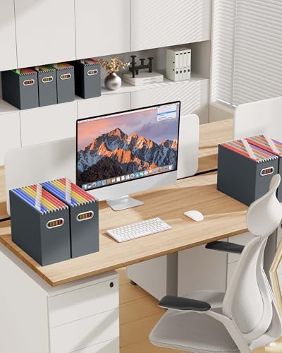 Oterri Portable Collapsible Cardboard File Box with Handle for Letter-Size | 2-Pack. Stainless Steel Handle. Label Stickers Included. Fits Letter Folders (Not Included). Home, Office, School, Dorm, Tax.