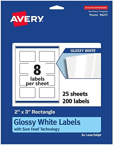 Avery® Rectangle Labels, Sure Feed® Technology, 2" x 3", 200 Glossy White Labels (36462)