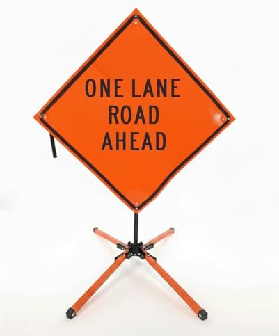 Traffic Roll-Up Sign Kit with Stand – Collapsible Safety Sign & Heavy-Duty Portable Stand, High Visibility, Easy Setup (One Lane Road Ahead, Non-reflective)