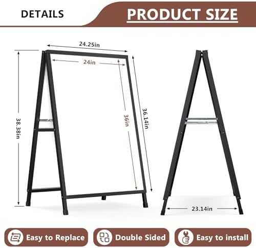 A Frame Sign 24x36 Inch Sandwich Board, Heavy Duty Double-Sided Folding Sidewalk Signboard, Slide-in Steel Metal Frame Sign Display Holder for Outdoor & Indoor Street Poster, Businesses, Advertising