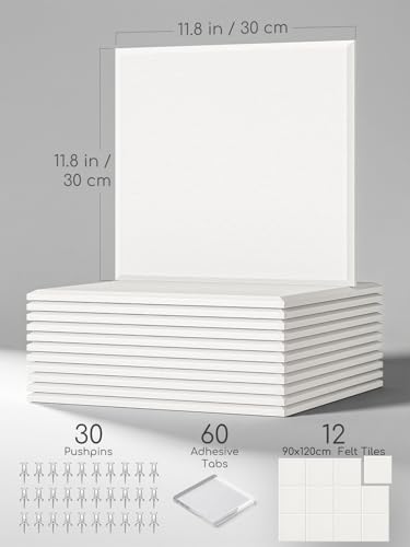 Thick Felt Pin Board Tiles 12 Pack, 11.8x11.8 Bulletin Board for Wall