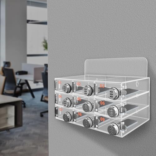 Cell Phone Locker Box,9 Slots Cell Phone Storage Locker, Clear Acrylic Storage Cabinet Wall Mounted for School Factory Office