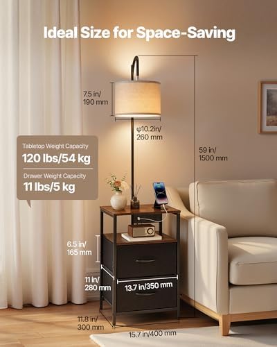 VEVOR Floor Lamp with Table & Charging Station, End Table with Lamp, 2 Drawers, USB, Type-C & AC Outlets, 3 Color Temperatures, Bedside Nightstand for Small Bedroom, Living Room, Dorm