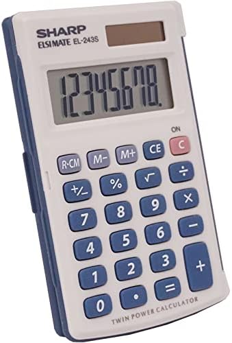 Sharp 8-Digit Pocket Calculator, LCD Display with Hinged Hard Cover, Dual-Power Handheld Simple Calculator, 2.5 x 4.5-Inches, Gray and Blue (EL-243SB)