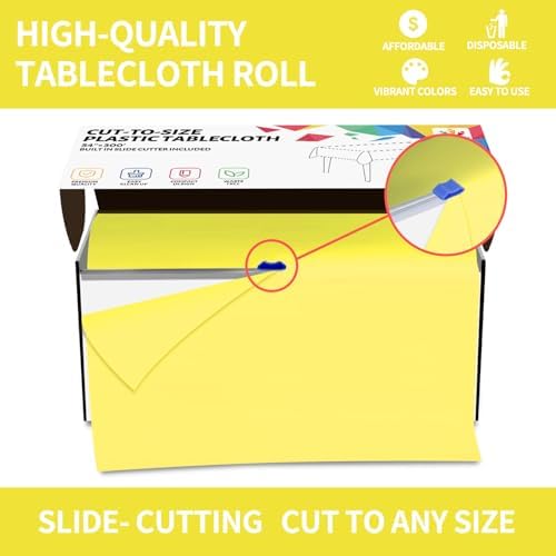 CXPSINC 54 Inch X 300 Feet Plastic Table Cover Roll Disposable Tablecloth with Slide Cutter for All Type/Shape Tables | Party, Banquet, Birthdays, Weddings(Light Yellow, 300 Feet)