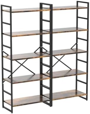 Shintenchi 2 Pieces 5 Tiers Bookshelf, Classically Tall Bookcase Shelf, Industrial Book Rack, Modern Book Holder in Bedroom/Living Room/Home/Office, Storage Rack Shelves for Books/Movies-Rustic Brown
