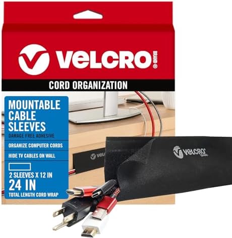 VELCRO Brand Mountable Cable Sleeve, Black, 12 in, 2 Pack